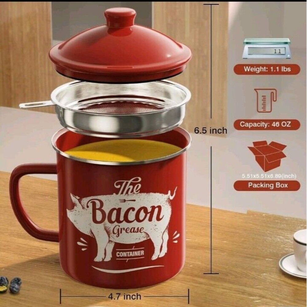 46OZ PGYARD Red Bacon Grease Container with Strainer, Enamel Grease Container
